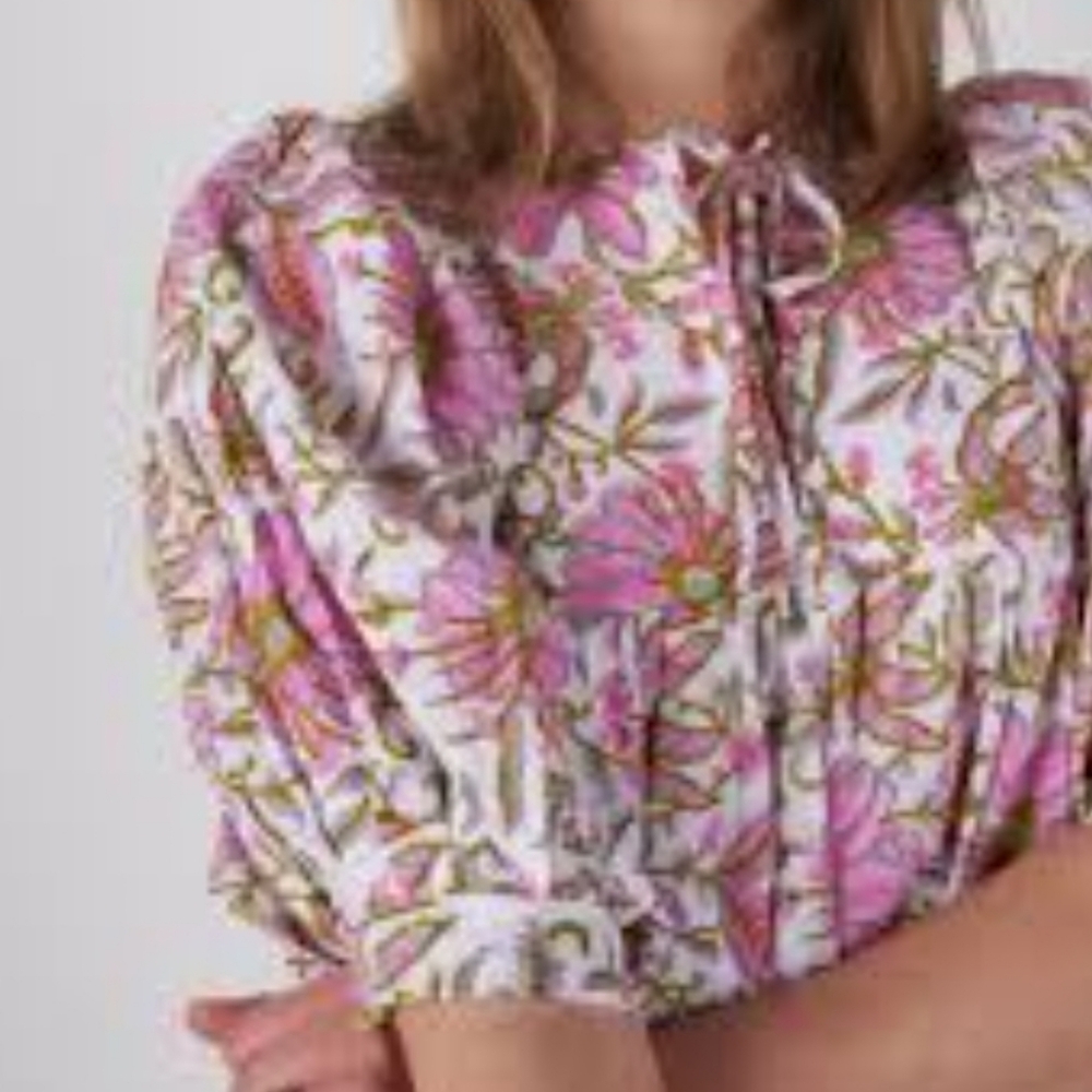 Mille Resort Thalia Pink White Floral 100%Cotton Blouse Puff Sleeves Size XS - Picture 2 of 12
